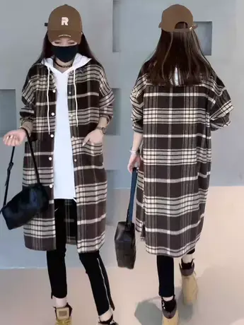 欧货重磅秋季2023新款百搭咖色撞色格子衬衫外套长袖女装高级上衣商品大图