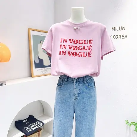 小香风别致钉珠上衣2023夏款韩国东大门字母纯棉短袖T恤气质正肩图片