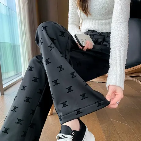 黑色植绒阔腿西装裤女秋冬新款高腰宽松垂感加绒休闲直筒拖地长裤商品大图