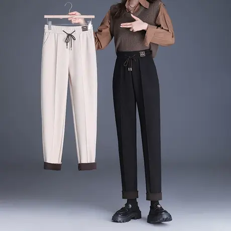 时尚休闲裤女秋冬2023新款松紧高腰显瘦加绒哈伦裤百搭直筒萝卜裤图片