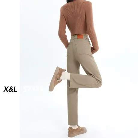 卡其直筒牛仔裤女秋冬2023新款高腰显瘦修身九分小个子阔腿烟管裤图片