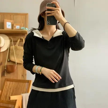 dza 复古宽松双面绒连帽T恤女秋冬内搭假两件打底衫短款长袖上衣商品大图