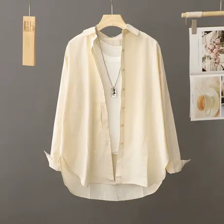 设计感小众米杏色洋气衬衫女长袖春秋百搭薄外套开衫外穿衬衣叠穿图片