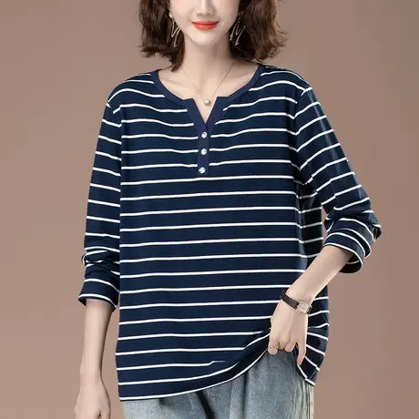 条纹打底衫女春秋新款加肥加大码女装宽松纯棉V领显瘦长袖t恤女图片