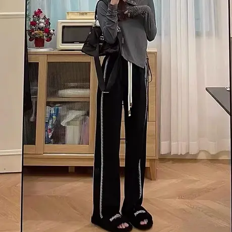 运动裤女夏季宽松小个子阔腿高腰显瘦直筒垂感休闲拖地长裤潮ins图片