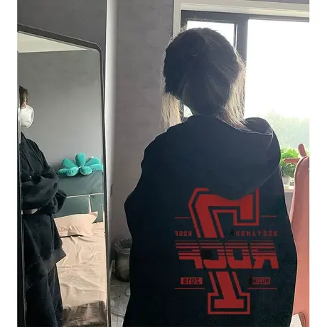 美式潮牌黑色连帽卫衣女小个子2024秋季加绒vintage休闲小众外套商品大图