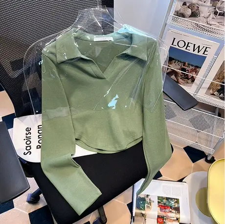 秋冬正肩Polo领T恤女美式复古纯欲甜辣短款V领上衣内搭长袖打底衫图片