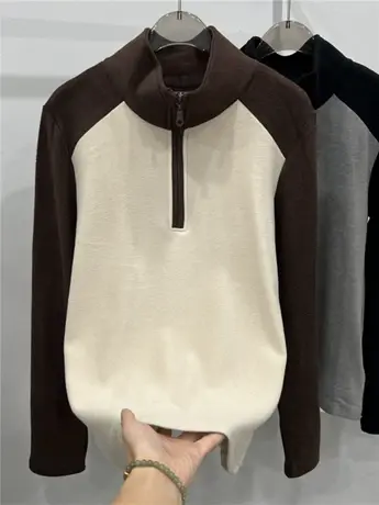 加厚拼接撞色半开高领拉链立领T恤女秋冬磨毛双面德绒打底衫上衣商品大图