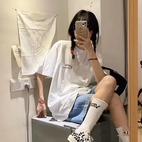 日系字母仿棉t恤女圆领胖mm遮肉显瘦小众上衣ins潮嘻哈大码短袖夏商品大图