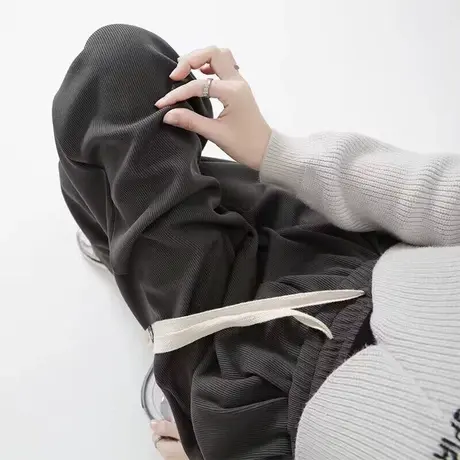 高腰宽松阔腿直筒长裤女2023年新款秋冬加绒加厚针织休闲裤潮ins商品大图