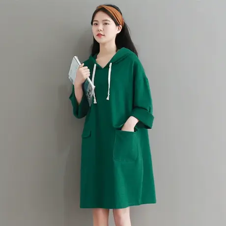 秋新品文艺复古连帽连衣裙大码针织九分袖连图片