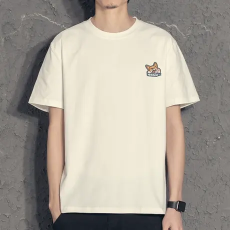 柯基贴布刺绣休闲短袖男t恤2023夏季新款情侣白色打底半袖体恤衫图片