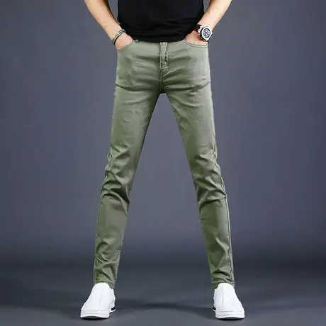 绿色牛仔裤男夏季潮牌弹性长裤韩版潮流弹力休闲裤浅色布裤裤子男商品大图
