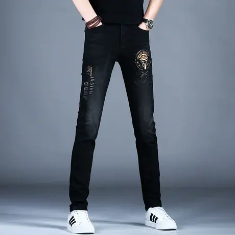 男士秋冬季新款牛仔裤黑色时尚修身烫钻刺绣小脚裤子美式高街弹力商品大图