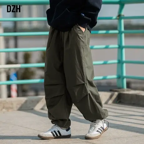 男士军绿色裤子男款美式高街2023新款休闲裤束脚秋季垂感长裤百搭商品大图