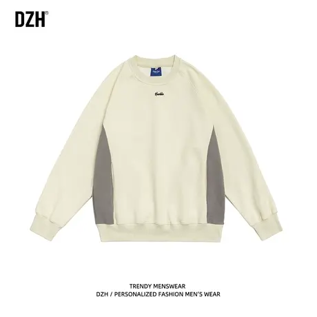 男生米色重磅美式卫衣男春秋季圆领拼接长袖上衣宽松男装2023新款商品大图