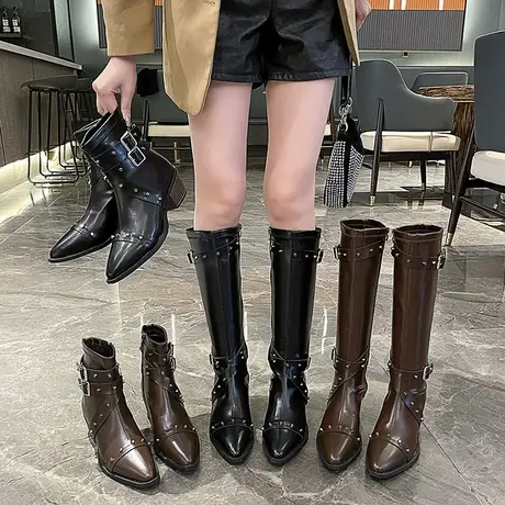 靴子女长筒靴尖头小个子2023年新款秋冬季爆款西部牛仔靴气质女靴商品大图