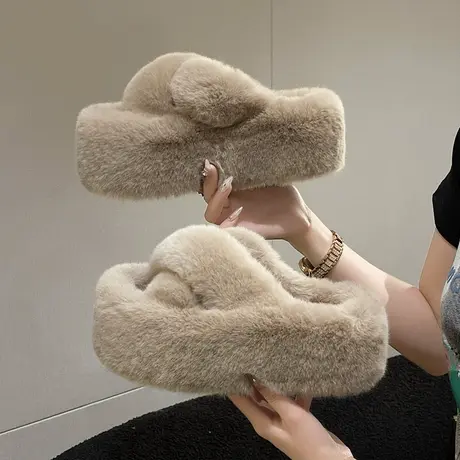 2024新款冬季时尚交叉毛毛拖鞋女毛绒保暖厚底增高室内防滑棉拖鞋图片