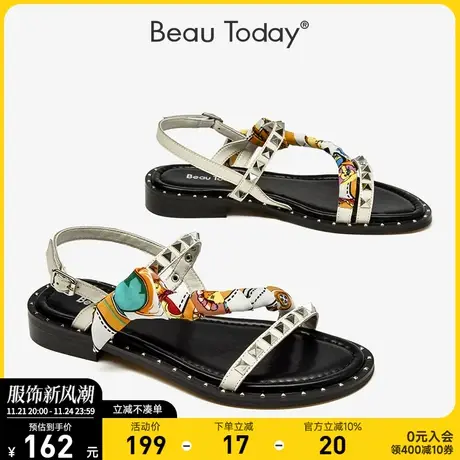 BeauToday罗马凉鞋女2024新款BT时尚一字带平底铆钉时尚真皮凉鞋商品大图