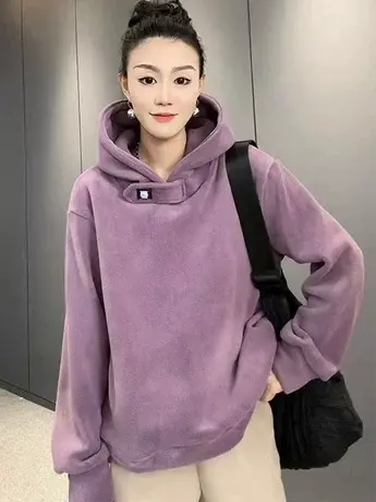 2023秋冬季新款加厚保暖连帽套头卫衣女时尚洋气宽松百搭纯色卫衣商品大图