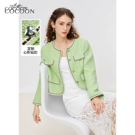 missCOCOON高级绿色小香风外套女2023新款初春复古气质圆领短外套商品大图