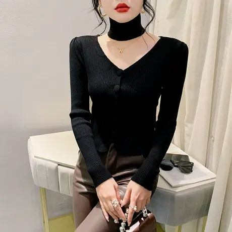 时尚纽扣拼接套头V领针织衫性感挂脖开叉上衣洋气修身加厚打底衫图片