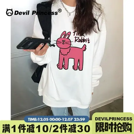 vibe甜酷风卡通印花白色卫衣女秋冬新款宽松学院风减龄套头上衣厚商品大图