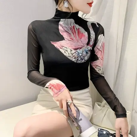 加绒半高领长袖打底衫时尚网纱印花内塔上衣女修身显瘦套头T恤ins商品大图