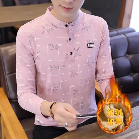 纯棉新款加绒加厚翻领长袖T恤男士Polo衫韩版修身潮流青年打底衫商品大图