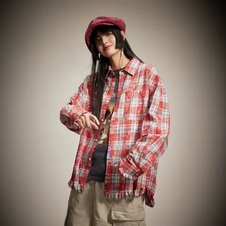 美式复古红色格子衬衫女2024春季新款潮牌毛边宽松衬衣设计感上衣商品大图