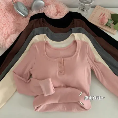 纽扣德绒打底衫女秋冬内搭加绒加厚短款T恤修身显瘦保暖上衣小衫商品大图