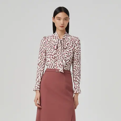 【真丝 重绉】LANCY/朗姿2023春季新款衬衫女印花飘带内搭衬衣女图片