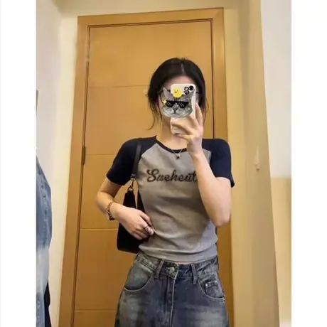 小个子短款短袖T恤女夏装2024新款修身显瘦半袖打底衫撞色上衣商品大图