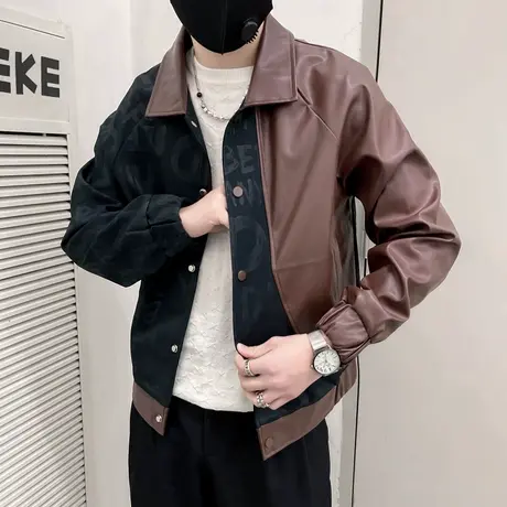 02024高级感外套男春季撞色设计感轻熟风翻领短款机车服夹克上衣图片