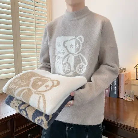 2023秋冬季新款青少年半高领提花小熊针织衫潮流男加厚保暖毛衣商品大图