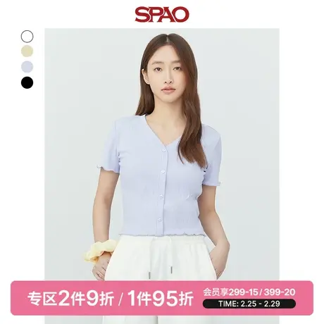 【寻意生活】SPAO女士T恤年夏季坑条短款短袖修身T恤衫SPRWD23S20图片