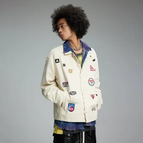 潮牌设计感贴布绣夹克男士春秋季新款复古街头宽松情侣装短款外套图片