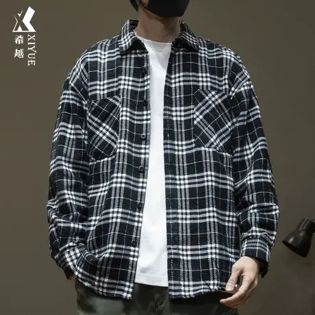 希越日系复古条纹衬衫男春秋季宽松大码休闲外套男士格子长袖衬衣图片