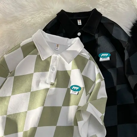 翻领短袖t恤男港风POLO衫夏季宽松撞色格子半袖上衣男生潮牌薄款商品大图