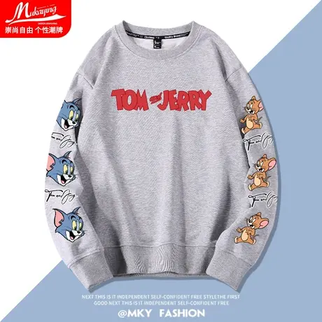 猫和老鼠联名款小众设计感灰色卫衣男女情侣款春秋袖标宽松无帽衫图片