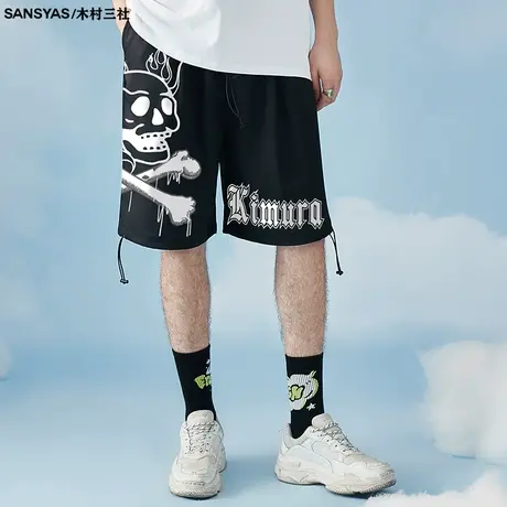 木村三社原创设计火焰熔炉印花运动休闲短裤男夏季薄款潮流五分裤商品大图