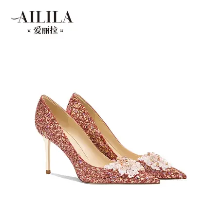 爱丽拉红色水晶婚鞋女2023新款禾秀婚纱两穿新娘高跟鞋小众高级感商品大图