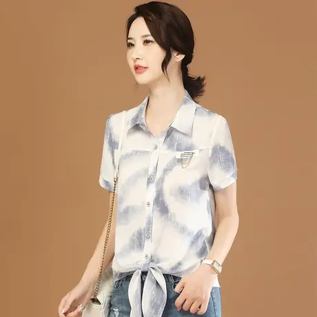 韩潮袭人高级感印花短袖衬衣女2023夏新款绑带衬衫上衣设计感薄款商品大图