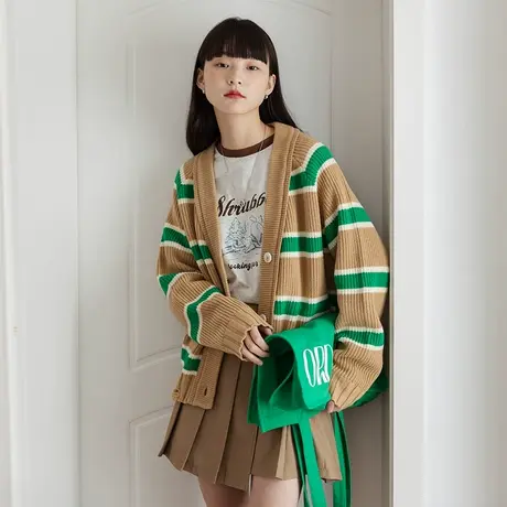 omont蛋挞家 复古撞色条纹破洞针织开衫女2023新款宽松春秋外套商品大图