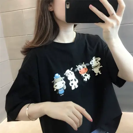 卡通印花t恤女宽松2023年春夏装新款圆领半袖港风上衣黑色体恤潮图片