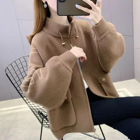 宽松中长款连帽女士外套2023年新款爆款拉链慵懒毛呢上衣ins百搭图片