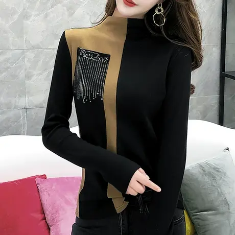 加绒加厚半高领打底衫女秋冬内搭长袖洋气撞色上衣显瘦修身T恤女商品大图