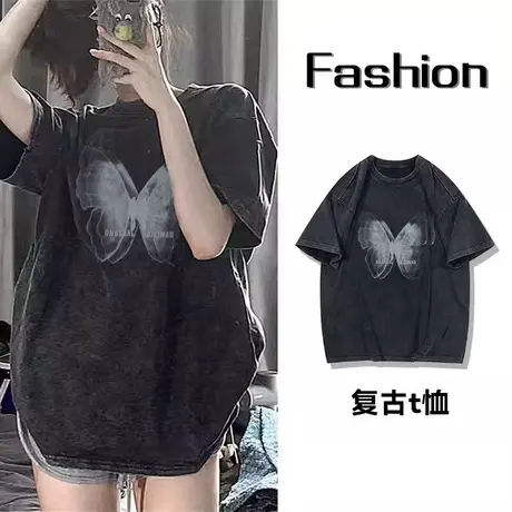 水洗做旧美式短袖t恤女夏季复古高街大码ins潮牌小众别致独特上衣商品大图