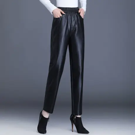 时尚休闲皮裤女2023新款秋冬松紧腰宽松哈伦裤PU皮长裤直筒萝卜裤图片