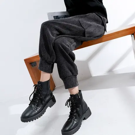 加绒灯芯绒工装裤女秋冬季高腰宽松显瘦小个子哈伦萝卜条绒休闲裤商品大图